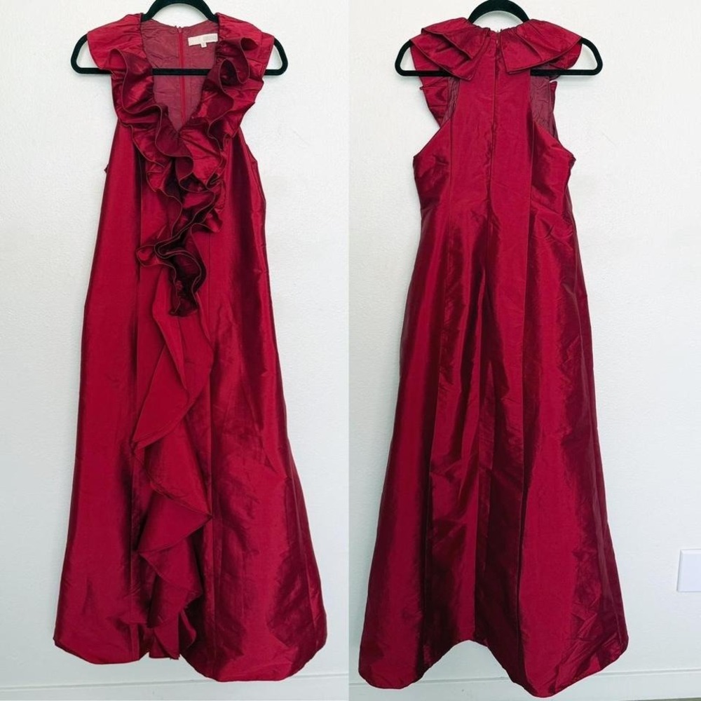 Red Taffeta Cascading Ruffle Maxi Gown Wedding Guest Formal Dress M - Picture 2 of 10